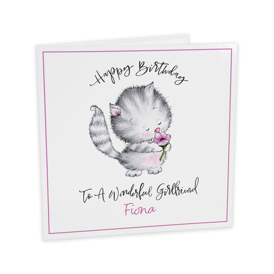 Personalised Birthday Card (Cute Cat With Flower) - Pink