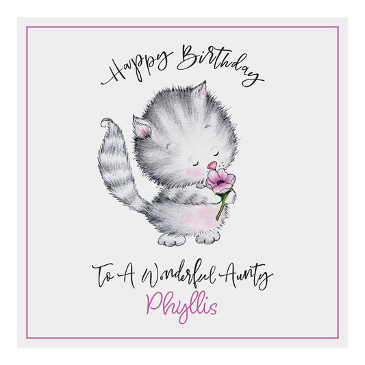 Personalised Birthday Card (Cute Cat With Flower) - Pink