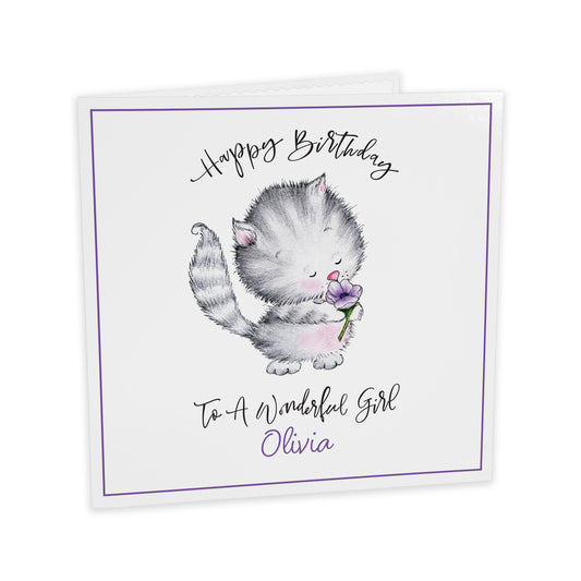 Personalised Birthday Card (Cute Cat With Flower) - Purple
