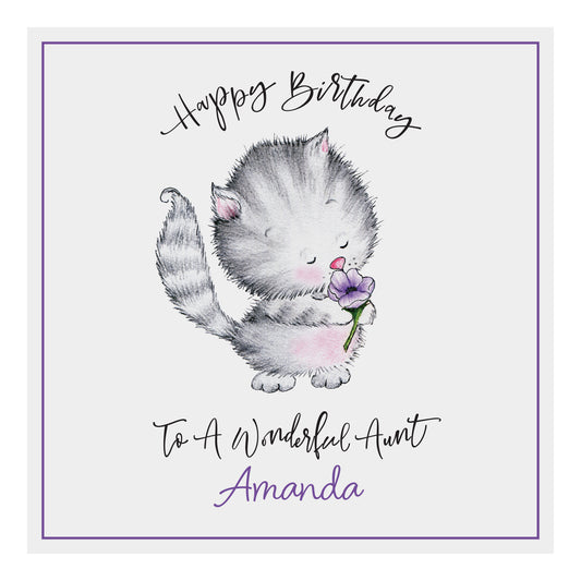 Personalised Birthday Card (Cute Cat With Flower) - Purple