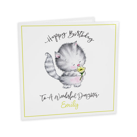Personalised Birthday Card (Cute Cat With Flower) - Yellow