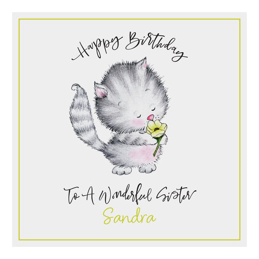 Personalised Birthday Card (Cute Cat With Flower) - Yellow