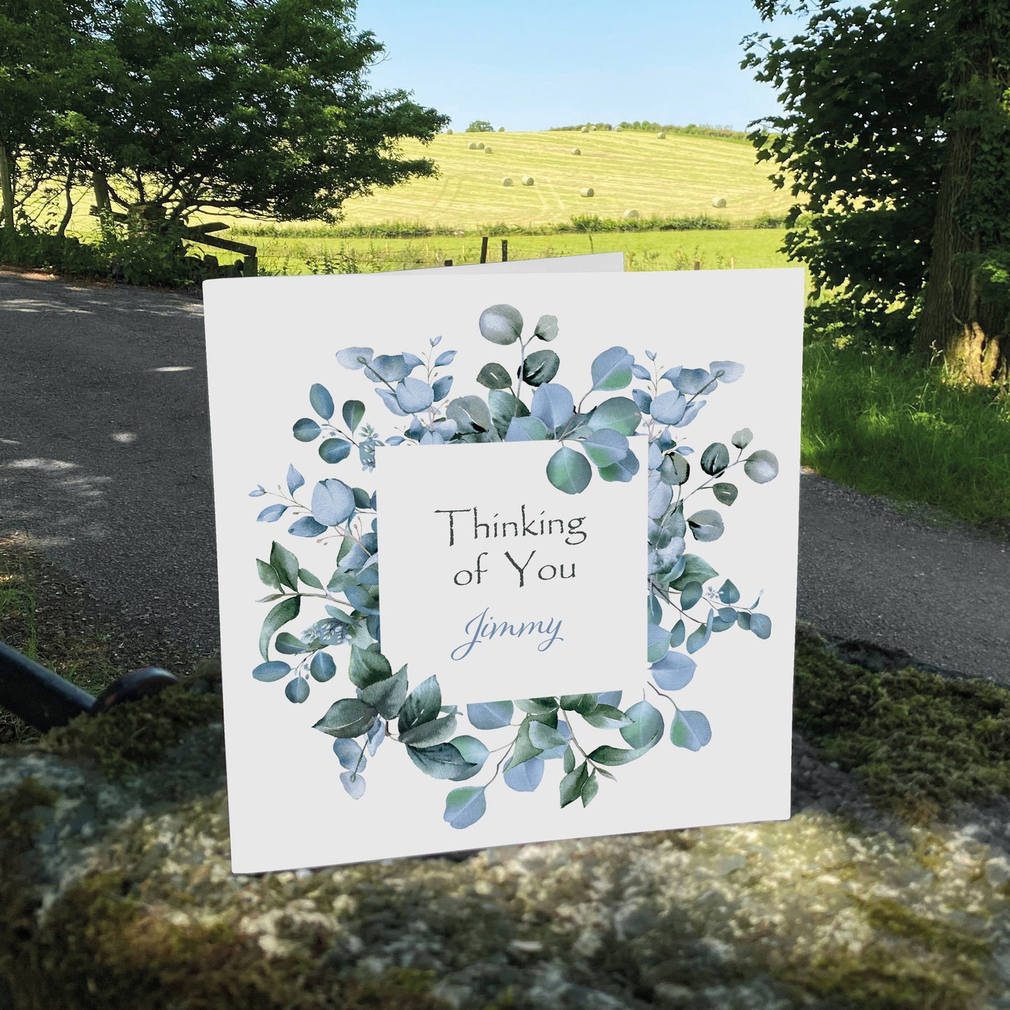 Personalised Thinking Of You Card (Foliage) - Blue