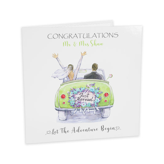 Personalised Wedding Card (Just Married, Car) - Green
