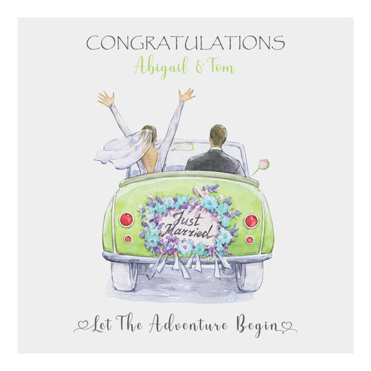 Personalised Wedding Card (Just Married, Car) - Green