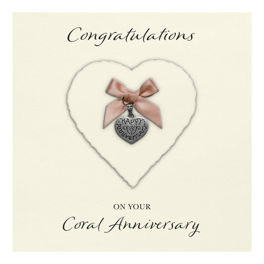 Coral 35th Anniversary Card (Heart Charm & Bow) - Ivory Cardstock