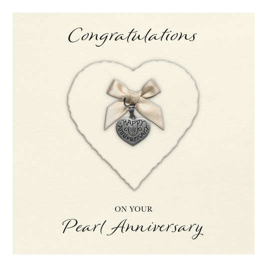 Pearl 30th Anniversary Card (Heart Charm & Bow) - Ivory Cardstock