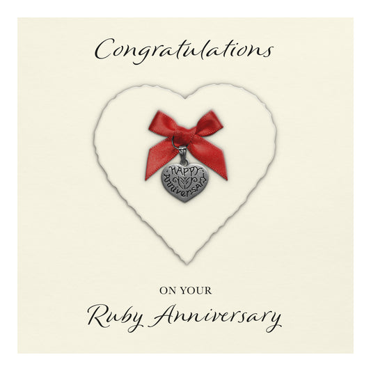 Ruby 40th Anniversary Card (Heart Charm & Bow) - Ivory Cardstock