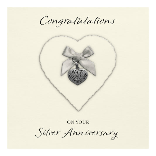 Silver 25th Anniversary Card (Heart Charm & Bow) - Ivory Cardstock