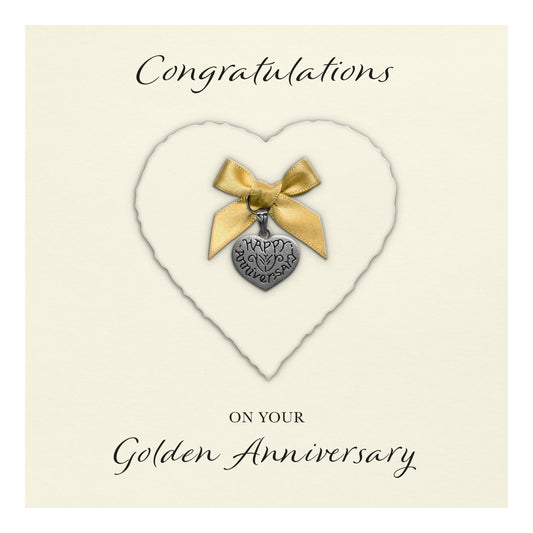 Golden 50th Anniversary Card (Heart Charm & Bow) - Ivory Cardstock