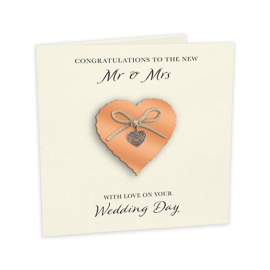 Wedding Day Card (Heart Charm & Bow) - Coral Heart / Ivory Cardstock