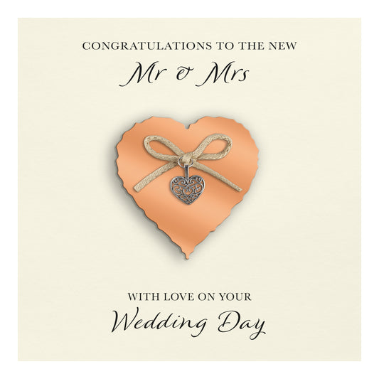 Wedding Day Card (Heart Charm & Bow) - Coral Heart / Ivory Cardstock
