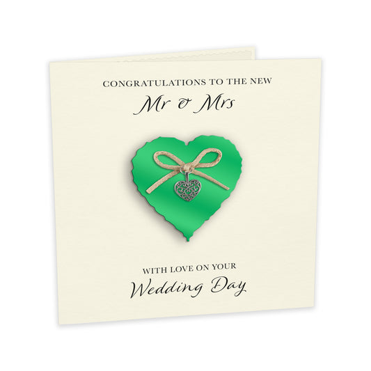 Wedding Day Card (Heart Charm & Bow) - Emerald Heart / Ivory Cardstock