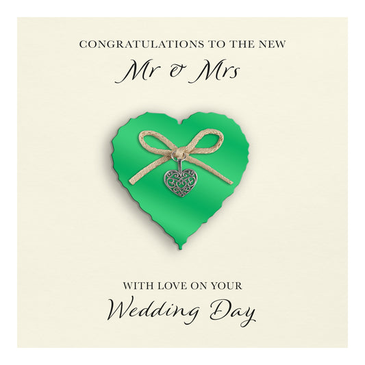 Wedding Day Card (Heart Charm & Bow) - Emerald Heart / Ivory Cardstock