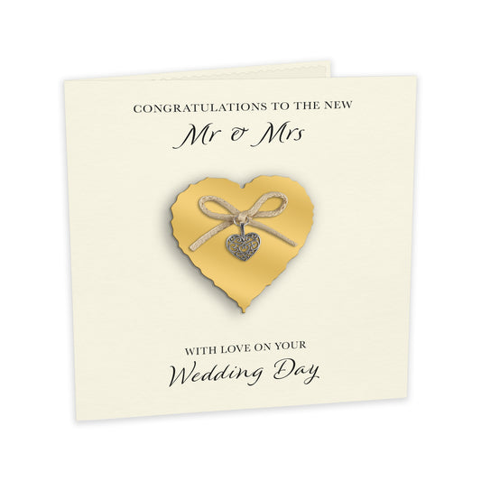 Wedding Day Card (Heart Charm & Bow) - Gold Heart / Ivory Cardstock