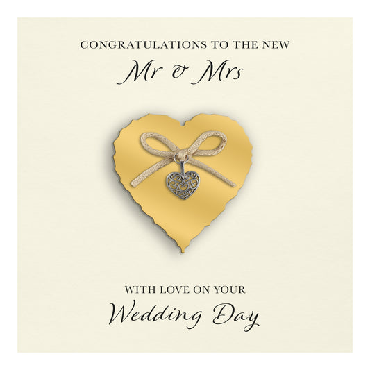 Wedding Day Card (Heart Charm & Bow) - Gold Heart / Ivory Cardstock