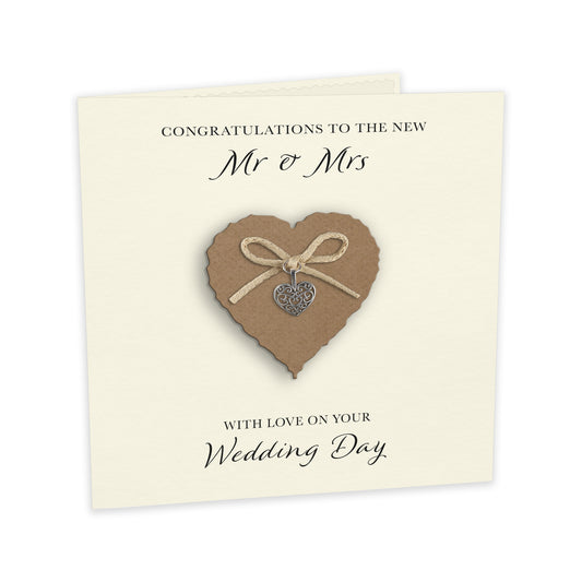 Wedding Day Card (Heart Charm & Bow) - Kraft Heart / Ivory Cardstock