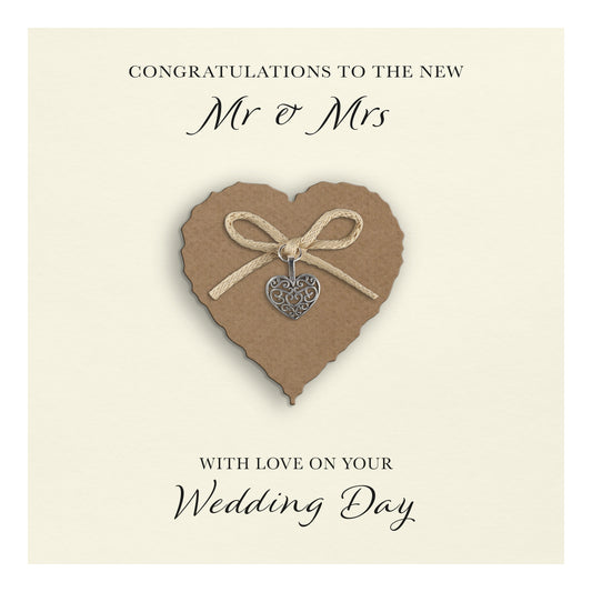 Wedding Day Card (Heart Charm & Bow) - Kraft Heart / Ivory Cardstock
