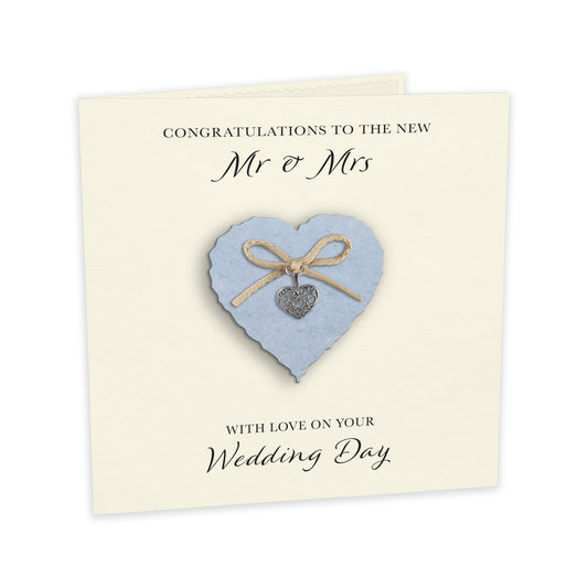 Wedding Day Card (Heart Charm & Bow) - Powder Blue Heart / Ivory Cardstock