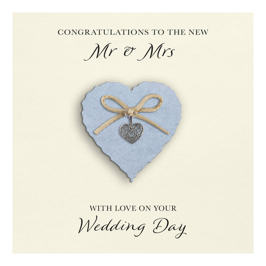Wedding Day Card (Heart Charm & Bow) - Powder Blue Heart / Ivory Cardstock