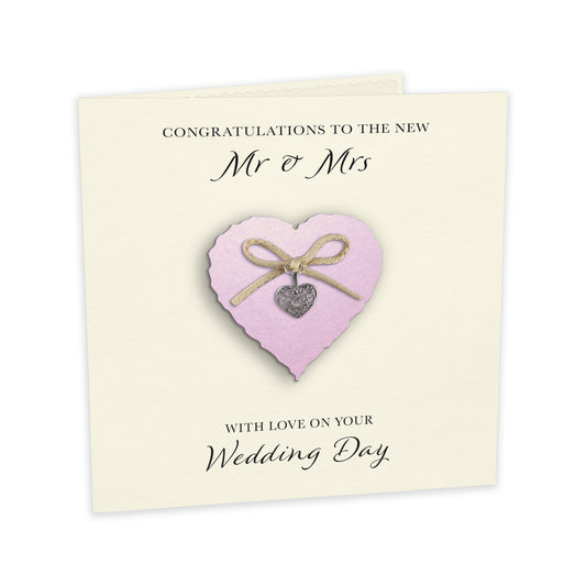 Wedding Day Card (Heart Charm & Bow) - Powder Pink Heart / Ivory Cardstock