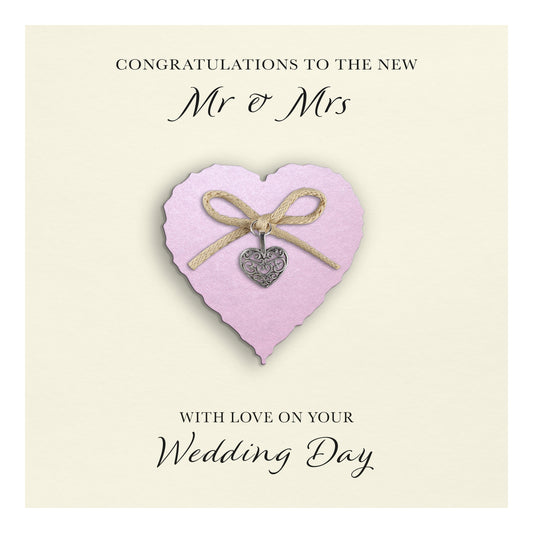 Wedding Day Card (Heart Charm & Bow) - Powder Pink Heart / Ivory Cardstock