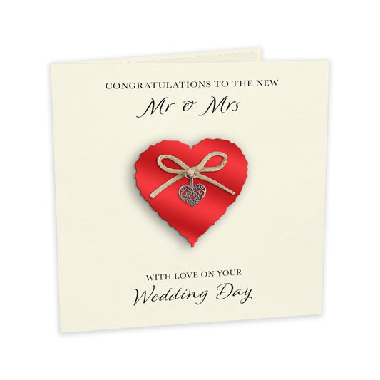 Wedding Day Card (Heart Charm & Bow) - Ruby Heart / Ivory Cardstock