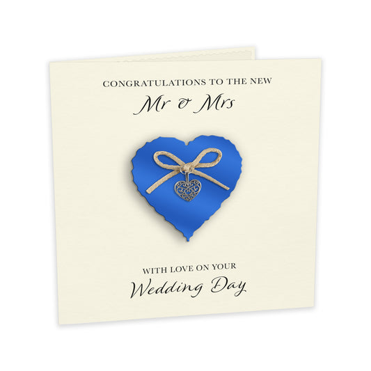 Wedding Day Card (Heart Charm & Bow) - Sapphire Heart / Ivory Cardstock