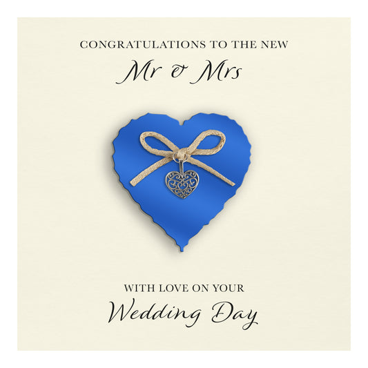 Wedding Day Card (Heart Charm & Bow) - Sapphire Heart / Ivory Cardstock