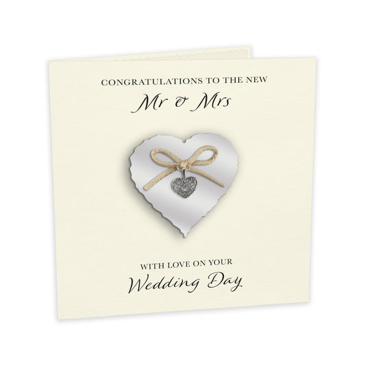 Wedding Day Card (Heart Charm & Bow) - Silver Heart / Ivory Cardstock