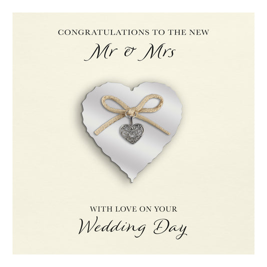Wedding Day Card (Heart Charm & Bow) - Silver Heart / Ivory Cardstock