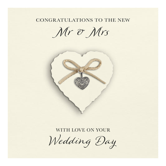 Wedding Day Card (Heart Charm & Bow) - Ivory Heart / Ivory Cardstock