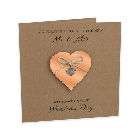 Wedding Day Card (Heart Charm & Bow) - Coral Heart / Kraft Cardstock