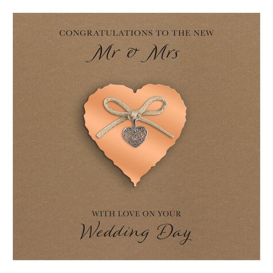 Wedding Day Card (Heart Charm & Bow) - Coral Heart / Kraft Cardstock