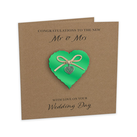 Wedding Day Card (Heart Charm & Bow) - Emerald Heart / Kraft Cardstock