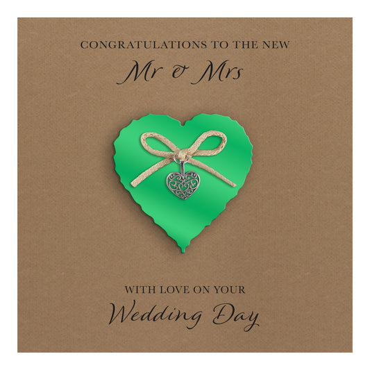 Wedding Day Card (Heart Charm & Bow) - Emerald Heart / Kraft Cardstock