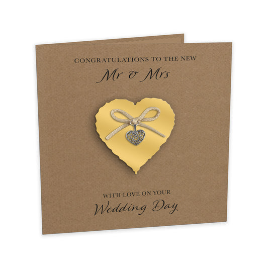Wedding Day Card (Heart Charm & Bow) - Gold Heart / Kraft Cardstock
