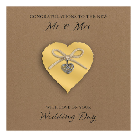 Wedding Day Card (Heart Charm & Bow) - Gold Heart / Kraft Cardstock