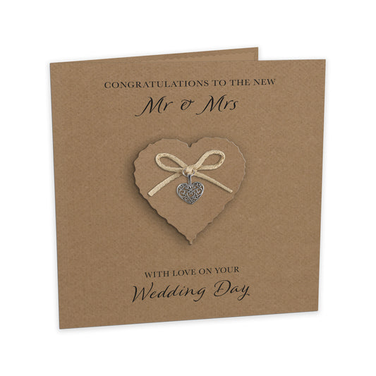 Wedding Day Card (Heart Charm & Bow) - Kraft Heart / Kraft Cardstock