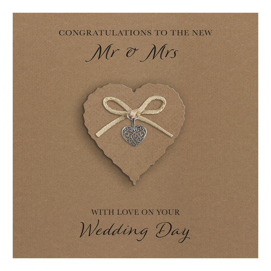 Wedding Day Card (Heart Charm & Bow) - Kraft Heart / Kraft Cardstock