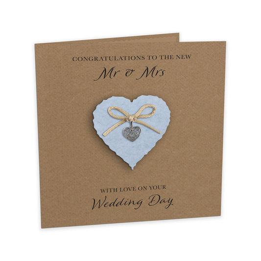 Wedding Day Card (Heart Charm & Bow) - Powder Blue Heart / Kraft Cardstock