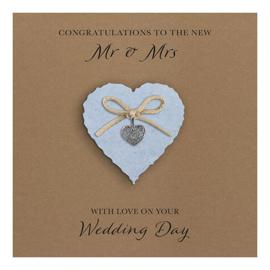 Wedding Day Card (Heart Charm & Bow) - Powder Blue Heart / Kraft Cardstock