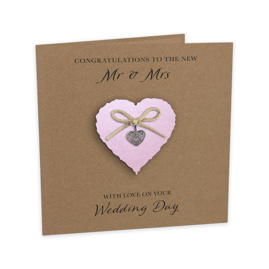 Wedding Day Card (Heart Charm & Bow) - Powder Pink Heart / Kraft Cardstock
