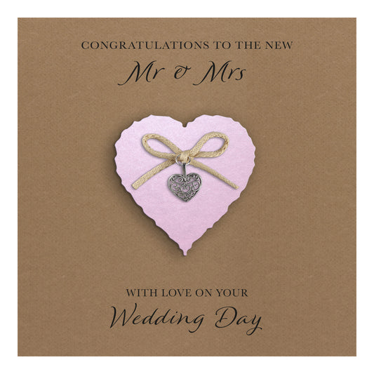 Wedding Day Card (Heart Charm & Bow) - Powder Pink Heart / Kraft Cardstock