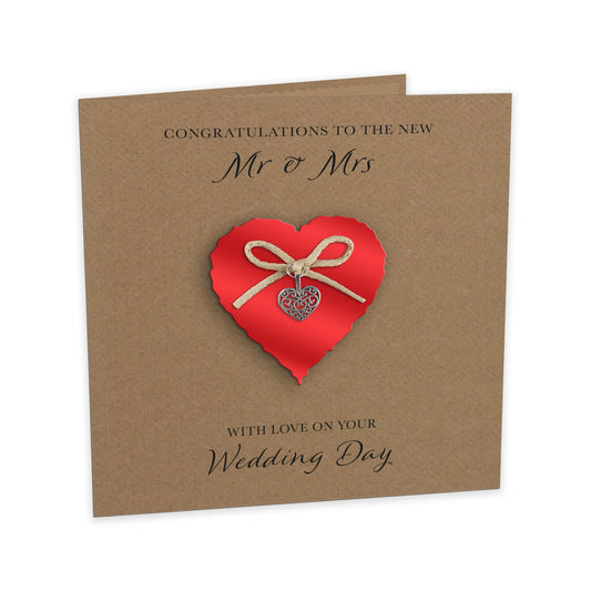 Wedding Day Card (Heart Charm & Bow) - Ruby Heart / Kraft Cardstock