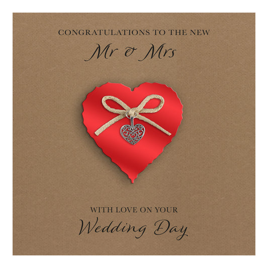 Wedding Day Card (Heart Charm & Bow) - Ruby Heart / Kraft Cardstock