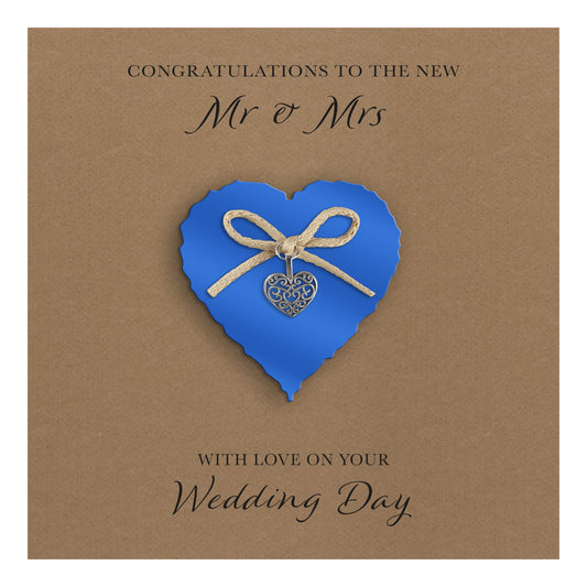 Wedding Day Card (Heart Charm & Bow) - Sapphire Heart / Kraft Cardstock