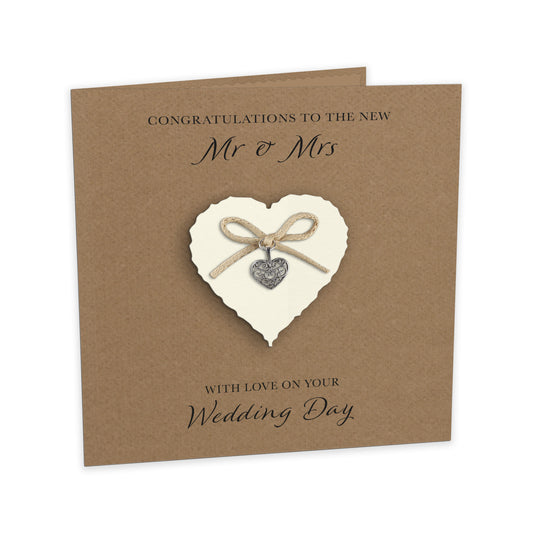 Wedding Day Card (Heart Charm & Bow) - Ivory Heart / Kraft Cardstock