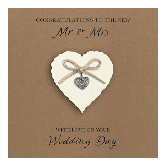 Wedding Day Card (Heart Charm & Bow) - Ivory Heart / Kraft Cardstock
