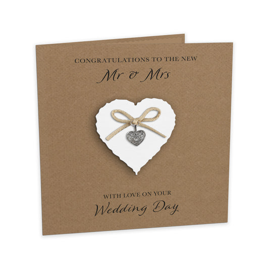 Wedding Day Card (Heart Charm & Bow) - White Heart / Kraft Cardstock